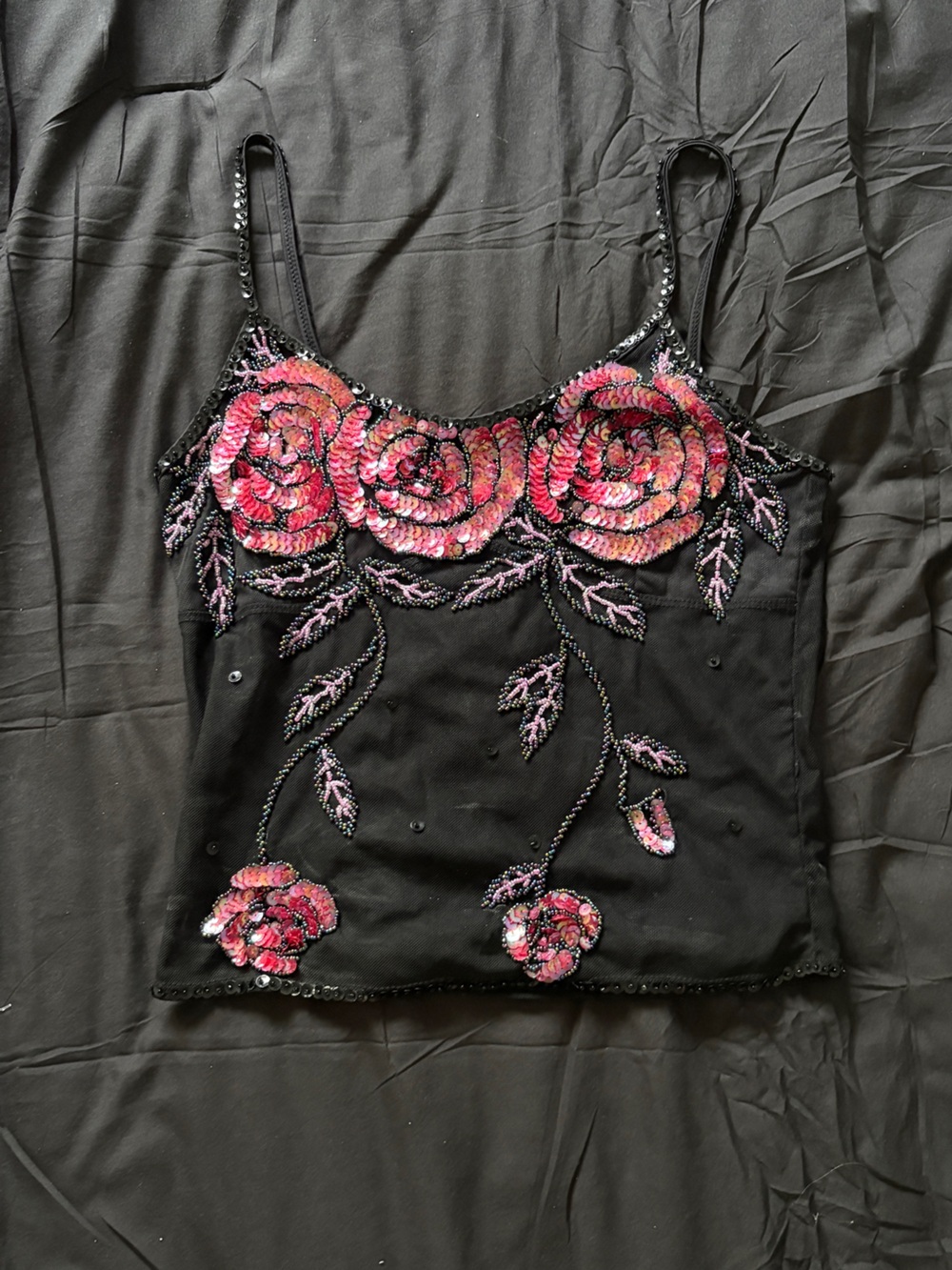 VTG Y2K Rene derhy Camisole with Pink Sequin Rose Embroidery